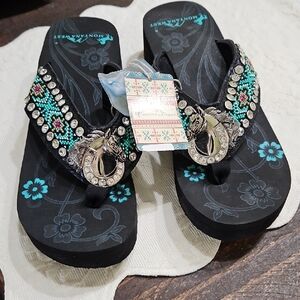 Montana West Black and Turquoise Beaded Sandals